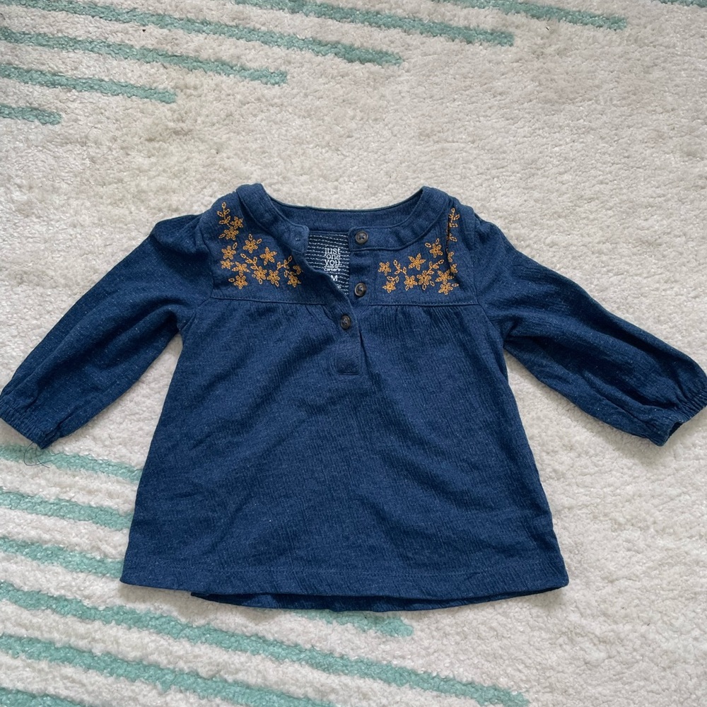 Just One You blue shirt with yellow embroidered flowers